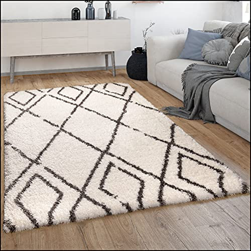 Paco Home Hochflor Teppich Wohnzimmer Shaggy Langflor Skandinavisches Rauten Muster Modern, Grösse:60x90 cm, Farbe:Creme 7
