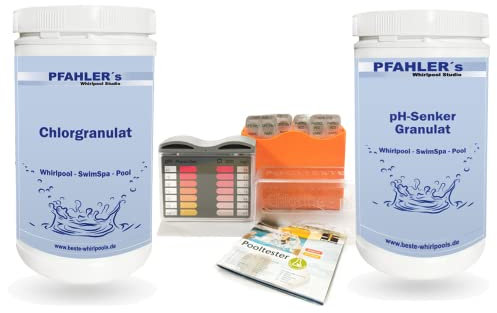 Whirlpool Wasserpflege Sparset, Chlorgranulat schnelllöslich, pH Senker, Pooltester Inkl.Testtabletten. Pool Starterset Swim Spa