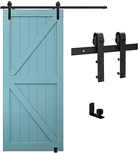 TSMST 7FT/213cm Quincaillerie Kit de Rail pour Porte Coulissante avec Guide de Plancher de Porte, Kit de Rail de Porte de Grange Robuste Adapté à une Porte en Bois Unique,forme de J