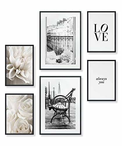 Heimlich® Premium Poster Set mit Bilderrahmen Aluminium Schwarz | 2 x DIN A3 & 4 x DIN A4 - ca. 30x42 & 21x30 | Stilvolle Poster Collagen mit passenden Bilder als Wanddeko » Paris Love Fashion «