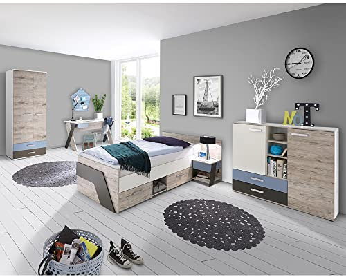 Jugendzimmer Kinderzimmer Komplett Set, Sandeiche weiß Lava blau, 90 x 200 cm Jugendbett, Kleiderschrank, Nachttisch, Kommode, Schreibtisch