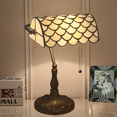 BOTOWI 10-Zoll-Tiffany-Stil Vintage-Schreibtischlampe Buntglas Fischschuppenlicht Mit Reißverschluss-Schalter Banker-Tischlampen Für Arbeitszimmer-Klavierbeleuchtung,Beige