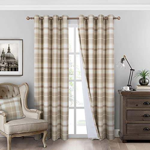 always4u 100% Blackout Curtains Check Eyelet Curtain Bedroom Plaid Woven Brushed Cheque Pair of Highland Woolen Look Window Treatment for Living Room Beige 46 * 72 Inches