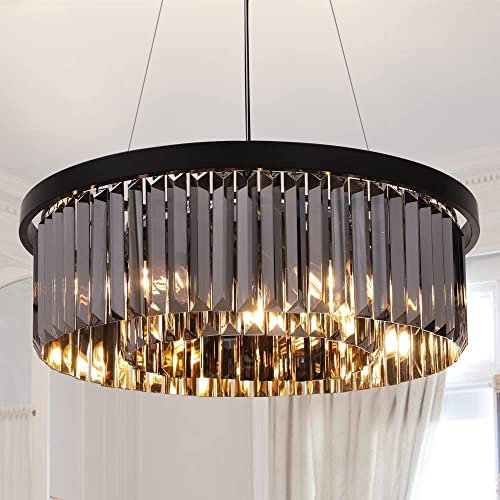 Wellmet Black-Crystal Chandelier for Foyer Dining Room, 6 Lights Modern Crystal Pendant Light, Vintage Ceiling Lighting Fixture for Kitchen Island, Living Room, Bedroom, Hallway, W-21.65”
