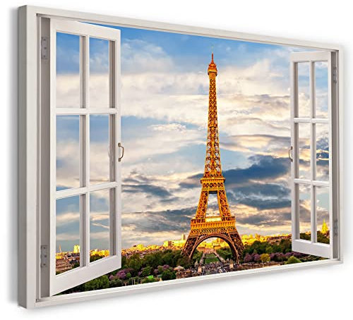 Bilder Fensterblick 80x60cm Baumwoll-Leinwand auf Keilrahmen mit Aufhänger moderner Kunstdruck XXL Wandbilder Wand-Dekoration Eiffelturm Paris Frankreich Sonnenuntergang - Natur-Fotografie