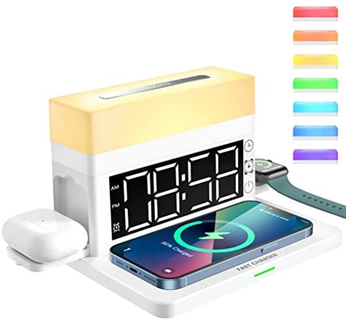 KKPLZZ 6 in 1 Wireless Charging Station with LED Colorful Night Light and Digital Alarm Clock, 18W Fast Charging Compatible for Mobile Phone Smart Watch and Bluetooth Earphone