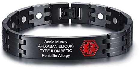 Personalisiertes Medizinisches Armband Herren - Individuell Edelstahl Männlich Uhrenarmband Medizinischer Alert Armband Personalisiert Medic ID Armbänder für Männer, Nicht für Schrittmacher,Schwarz