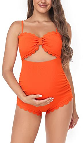 EastElegant Maillot de bain une pièce de maternité avec découpe dans le dos - Bikini de grossesse festonné - Maillot de bain pour femme enceinte, Orange, Taille XL