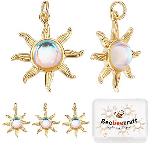 Beebeecraft 1 Schachtel Mit 5 Sonnen-Charms, 18 Karat Vergoldet, Katzenauge, Glas, Himmlische Charm-Anhänger Für Schmuckherstellung, Armband, Halskette, Ohrring, Bastelbedarf