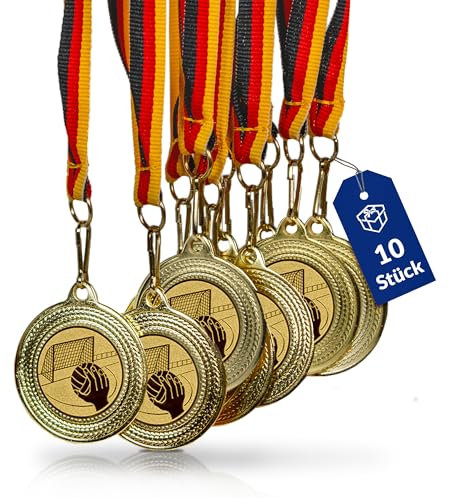 Pokal-Fabrik - Handball-Medaillen 10er Set Metall - Handballmedaille golden zum Umhängen für Siegerehrungen - Medaillen Kinder mit Deutschlandband und Emblem für Vereine & Turniere