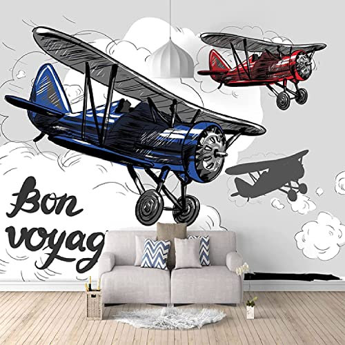Retro-Cartoon-Flugzeug Fototapete 3D Wandbilder, 3D Fotodekor Gemälde Wandtapete Geeignet Für Wohnzimmer Und Schlafzimmer Tv-Hintergrund Wand Abziehen Und Aufkleben Wandfoto, 400(B) x280(H) cm