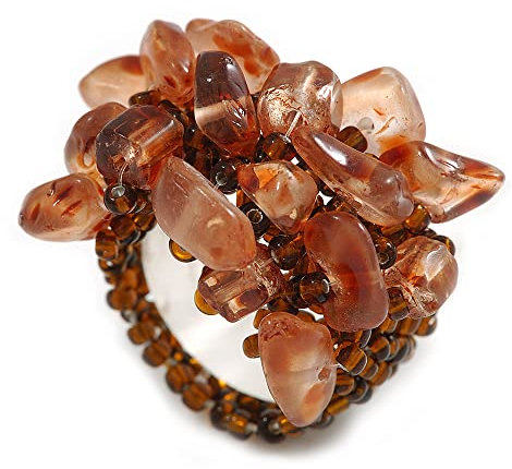 Avalaya Bague flexible en perles de verre marron et pierre en verre - Taille L, taille unique, Verre