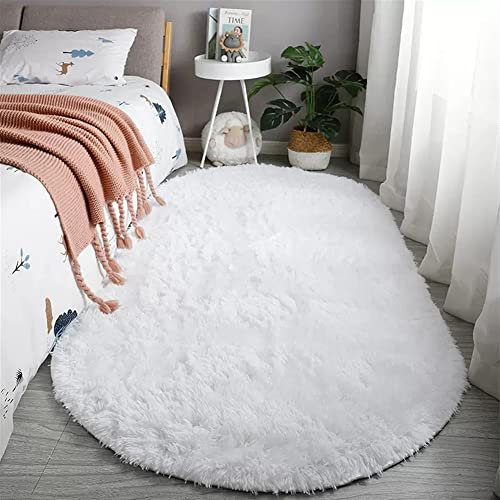 Reyox Teppich Oval Hochflor Shaggy rutschfest Pflegeleicht, Flauschig Weich Langflor Teppich für Wohnzimmer Schlafzimmer Bettvorleger Weiß 100 x 160 cm