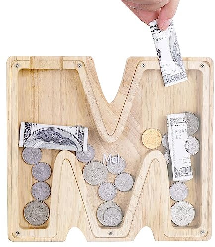 TsunNee Holz Brief Spardose Sparschwein Kreative Brief Münzbank Spardose mit Klare Alphabet Aufkleber, Spardose für Kinder Weihnachten Geburtstagsgeschenk Home DIY Dekoration (Helles Holz M, S)