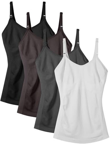 Damen Umstands-Tanktops mit integriertem BH zum Stillen, Camisoles, Hemd, 4er-Pack, 1 Gelb, 1 Rosa, 1 Blau, 1 Burgunderrot, Mittel