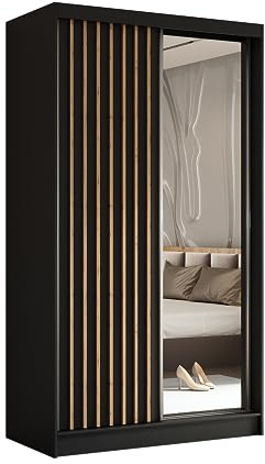 Margaret Hadas24 Kleiderschrank Erika mit Lamellen und Spiegel, Organizer, Mehrzweckschrank, Schwebetürenschrank, Garderobenschrank, Kleiderstange, Kleiderständer, Flurschrank, 120 cm, schwarz, braun