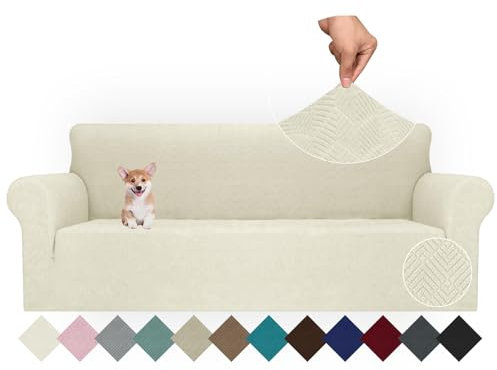 Ystyle Funda Sofa 4 Plazas Ajustable, Fundas para Sofa Elasticas, Funda De Sofa Anti Gatos Perros, Sofa Cover con Reposabrazos, Jacquard Fundas Cubre Sofa Ntideslizante Lavable, Beige