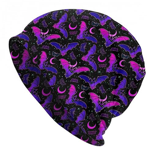 Oudrspo Bright Bats 1 Helle Strickmütze für Erwachsene, Stretch-Strick-Totenkopf-Mütze, lustige Halloween-Mütze für Damen und Herren