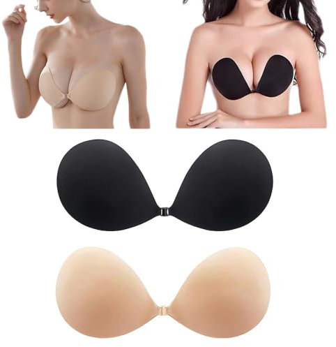Oimaik Push Up Bra Invisible Bra 2 Pack, Reusable Backless Bra, Strapless Adhesive Sticky Bra, Stick on Bra for Evening Dress, Party, Wedding, Beach