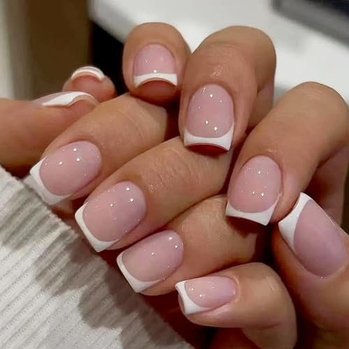 24 Pcs French False Nails Short - Pink Press on Nails - Full Cover False Nails Nude White Square Stick on Nails - French Fake Nails Stick on Nails for Women and Girls Nail Art