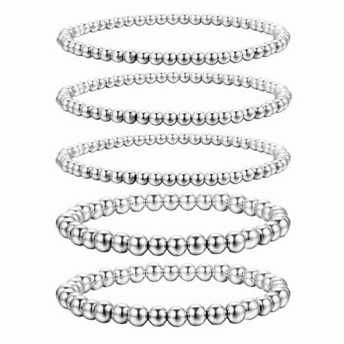 CYWQ 14K Gold Beaded Bracelets for Women, Dainty Gold Plated Bead Ball Bracelet Stretchable Elastic Bracelet Fashion Jewelry (Silver)