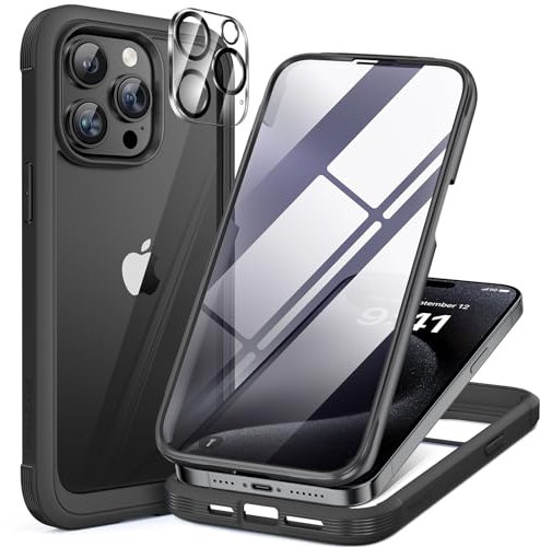 Miracase Glass Case for iPhone 15 Pro Max Case 6.7-Inch, Full Body Bumper Clear Back Cover and Built-in 9H Tempered Glass Screen Protector + Camera Lens Protector (Black)