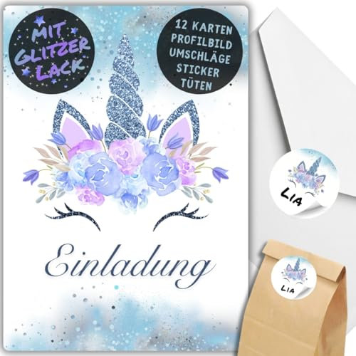 celebr8te 12x Einhorn Glitzer Einladungskarten in blau - Für den Kindergeburtstag von Mädchen - Einhorn Geburtstagseinladungen +12 Umschläge +24 Sticker +12 Geschenktüten