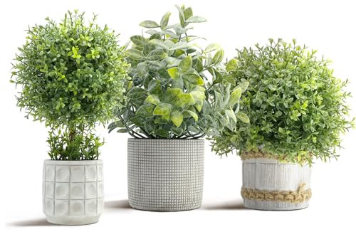 YVONNEYI 3 Pièces Plantes Artificielles Interieur, 28 cm, Boule de Buis Artificiel dans des Pots en Beton, Fausse Plante pour Chambre Salle de Bain Bureaux Table Maison Décoration