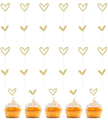 24 Stück Gold Herzen Kuchenaufsatz, Gold Glitter Herz Cupcake Topper Herzen Kuchenaufsatz, Kuchen Herzen Kuchenaufsatz für Hochzeit Verlobung Geburtstag