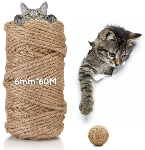 Gowkeey Corda Tiragraffi per Gatti 60 m, 6mm Juta Naturale, Accessori, Sisal per Tiragraffi, Canapa per Decorazione del Hogar e Giardino