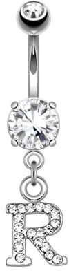 beyoutifulthings Bauch-nabelpiercing Buchstaben-Anhänger R Silber Clear Nabel-Piercing Chirurgenstahl Bananabell Stab-länge 10-mm