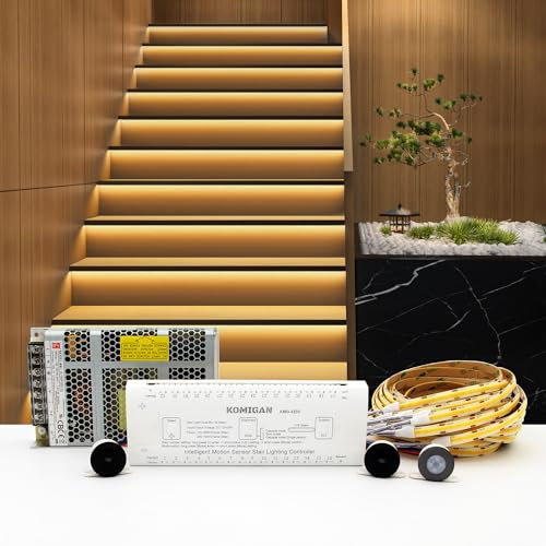 KOMIGANLED Smart Motion Sensing Treppenbeleuchtungsset KMG-3233, 100 cm langer, zuschneidbarer LED-Lichtstreifen für Innentreppen (Warmweiß 3000K, 12 Stufen)