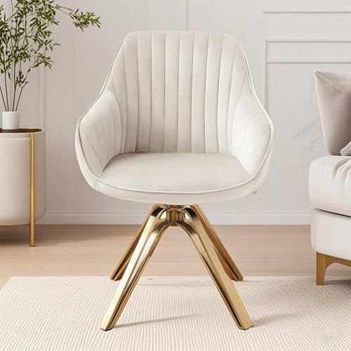 Zouron Drehstuhl Esszimmer Beige - Offwhite Samt Polsterstuhl mit Armlehnen Sessel Esszimmerstühle Gold Metallbeine Stuhl Beige Bürostuhl
