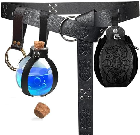 SUMGOGO 4 Stück Halloween Renaissance Gürteltasche Hexe Flasche Rock Wanderungen Mittelalter Wikinger Pirat Leder Gürtel Kostüm Set, Dragon Schwarz, Einheitsgröße