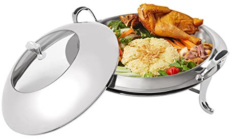 Calentador de alimentos redondo de acero inoxidable con asas y marco de combustible, recipiente térmico para hoteles, buffets, restaurantes, reuniones familiares, dormitorios, banquetes, bodas