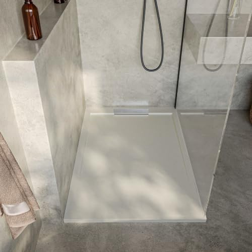 SoulHome Duschwanne Kunstharz 100x90 Creme Elegantes Design | Rutschfest C3, extraflach, Mineralguss, Schieferstruktur, antibakteriell, Gel-Coat-Beschichtung, inklusive Ablaufgarnitur