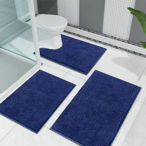 Enyhom Blau Badematten Set 3 Teilig, Flauschige Badteppich Set Wasserabsorbierend Toilettenteppich Badezimmerteppich Set Waschbar Duschvorleger für Dusche und Badewannen (45x65+50x80+U50x60cm)