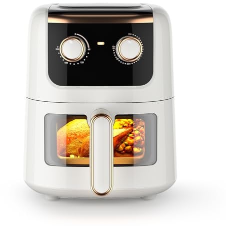 Oyajia 5L Air Fryer with Visual Window, Dishwasher-Safe, Healthy Oil Free & Low Fat Cooking, Cream.