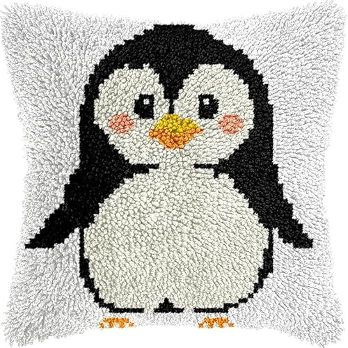 WallustrioaW Tier Knüpfkissen-Set,süßer Pinguin,für Kinder oder Anfänger Erwachsene zum Selber Knüpfen,DIY Knüpfteppich Knüpfpackung,Knüpfhaken Set,43x43cm