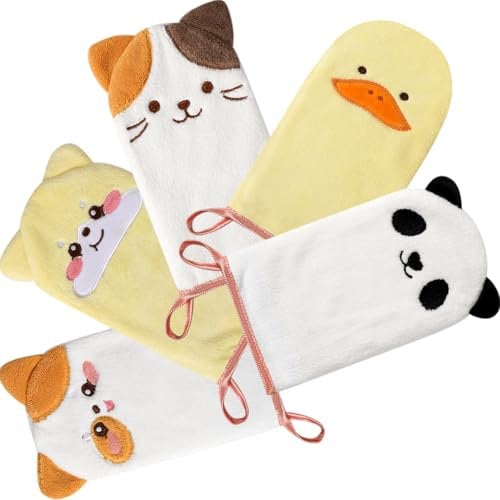 PHOGARY 5er Mikrofaser-Waschhandschuhe, 11,4 x 22,9 cm, super saugfähige und weiche Gesichts-Waschlappen, Handschuhe im niedlichen Tier-Stil, sanftes Peeling für Babys, Kleinkinder und Kinder, Bad und