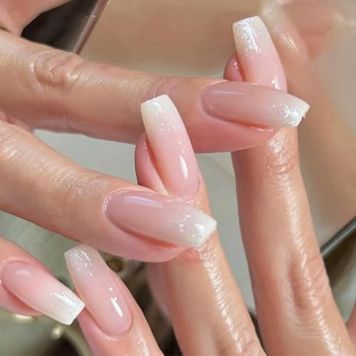 24Pcs Gradient False Nails - Press on Nails Short - Full Cover French Tip Gold Glitter False Nails - Square Acrylic Glue on Nails - French Fake Nails Stick on Nails for Women Girls Nail Art