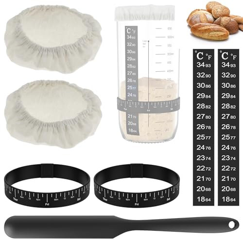 Sourdough Starter Jar Kit 6pcs 900ml Glass Sourdough Starter Kit with Thermometer, Wooden Lid, Cloth Cover, Rubber Ring, Silicone Spatula, Reusable Sourdough Bread Baking Supplies, Home Baking Supplie