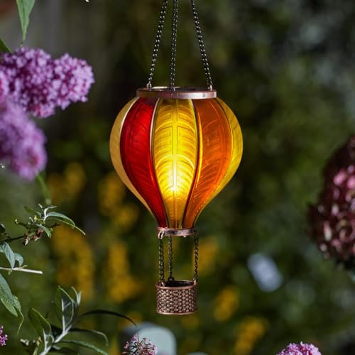 Festive Lights - 45cm Solar Power Sunset Stain Cool Fiesta Realistic Flame Outdoor Hanging SMD LED Hot Air Balloon Lantern - Amber Glass Effect Flaming Garden Light with Handle