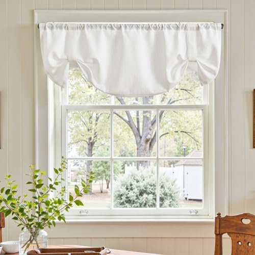 Vangao Raffrollo Weiß Scheibengardine Modern Bistrogardine 1er Set 127B x 46H cm mit Raffbändern Gardinen Kurz Halbtransparent Landhaus Gardine Leinenoptik Wohnwagen Küchengardinen