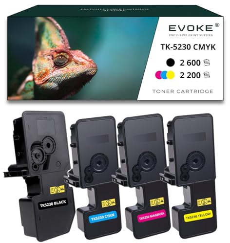 4 Tonerkartuschen für Kyocera TK-5230 CMYK, 2.600 Seiten Schwarz + 2200 Seiten pro Farbe, TK5230, kompatibel mit P5021cdn P5021cdw M5521cdn M5521cdw