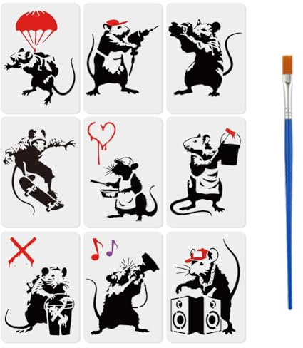 FINGERINSPIRE 9 Stück Banksy Maus Malschablonen 21x29.7cm Wiederverwendbare Banksy Ratten Vorlage Straßenratten Graffiti Schablone Graffiti Themen Mäuse Musterschablonen Zum Malen Auf Wänden Möbeln
