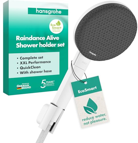 hansgrohe Raindance Alive Select S Duschset mit Brausehalter und Schlauch | Handbrause mit 3 Strahlarten, max. 7,1 l/min (EcoSmart), Select-Taste, einfach zu reinigen (QuickClean), Matt Weiß, 24611700