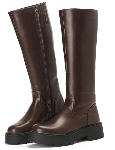 Putu Damen Stiefel Plateau Modische Reitstiefel mit Blockabsatz Profilsohle Leicht Bequem Elegante Hochschaftstiefel 39