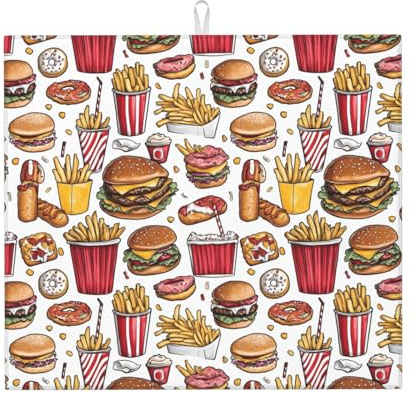 French Fries Hamburger Food Print Mikrofaser Geschirr-Trockenmatten für Küchentheke, Maschinenwäsche, super saugfähig, Abtropfmatte, 40,6 x 45,7 cm