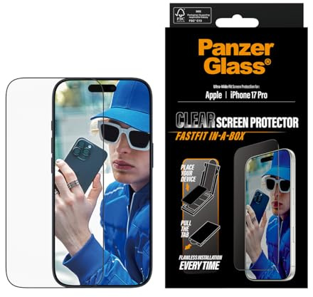 Panzer Glass Screen Protector iPhone 17 Pro, Ultra Wide Fit Protective | Shockproof and scratch-resistant tempered glass screen protector made from 60% recycled material, Fastfit in-a-box for